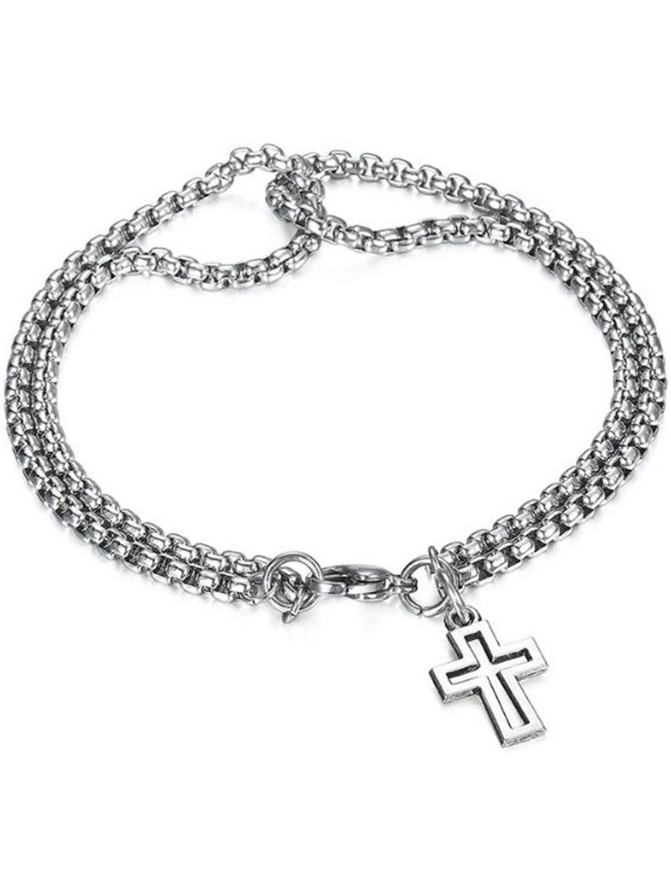 Men'S Fashion Double Chain Cross Hollow Wrist Bracelet Lobster Claw Buckle Stainless Steel Bracelet Hip Hop Punk Party Jewelry