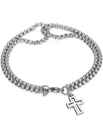 Men'S Fashion Double Chain Cross Hollow Wrist Bracelet Lobster Claw Buckle Stainless Steel Bracelet Hip Hop Punk Party Jewelry