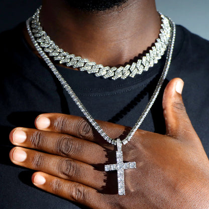 2Pcs Punk Crystal Cross Ankh Tennis Chain Iced Out Prong Cuban Link Chain Necklace for Men Women Rapper Necklaces Hiphop Jewelry
