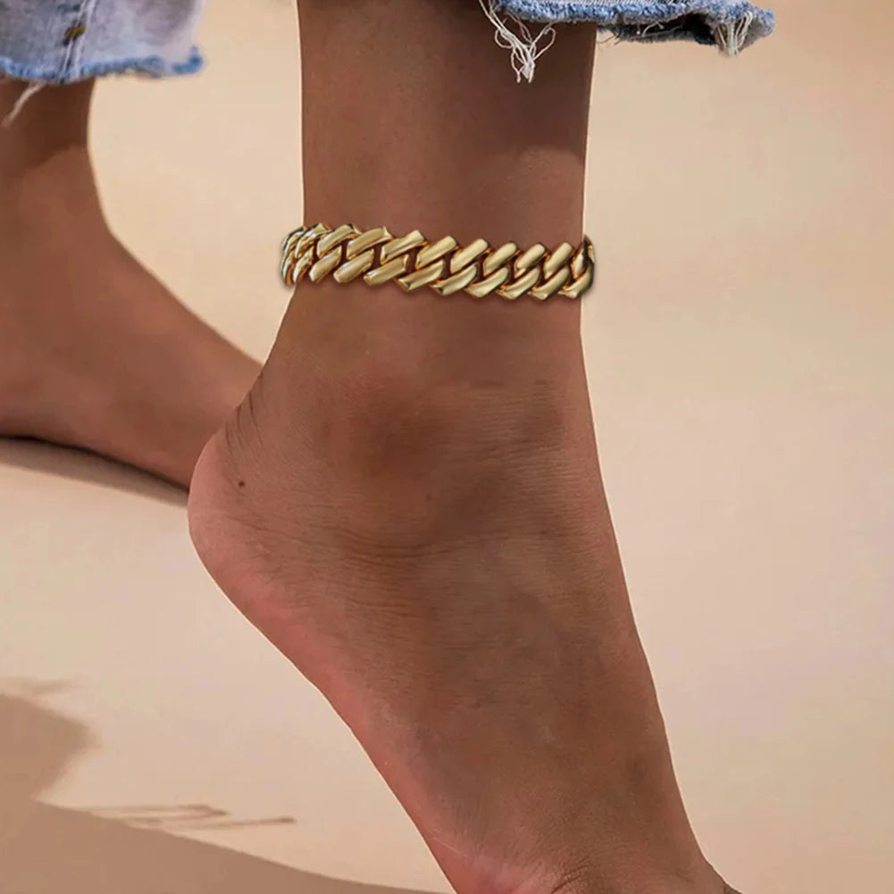 Summer 14MM Chunky Cuban Anklet for Women Gold-Plated Rhombus Cuban Link Chain Anklets Beach Sandals Jewelry New