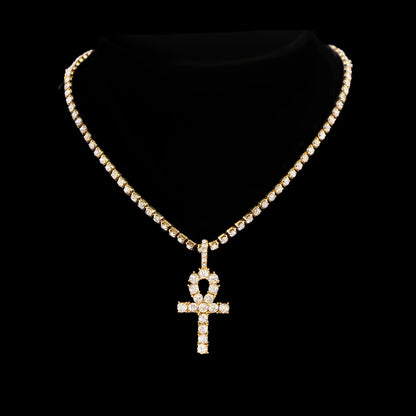 2Pcs Punk Crystal Cross Ankh Tennis Chain Iced Out Prong Cuban Link Chain Necklace for Men Women Rapper Necklaces Hiphop Jewelry