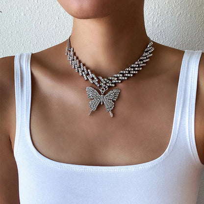 Big Butterfly Necklace for Women Cuban Link Chain Rhinestone Choker Statement Necklace Luxury Y2K Jewelry