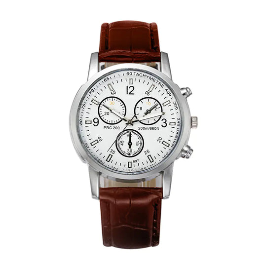 Men's Three-Eye Leather Strap Watch with Blue Glass