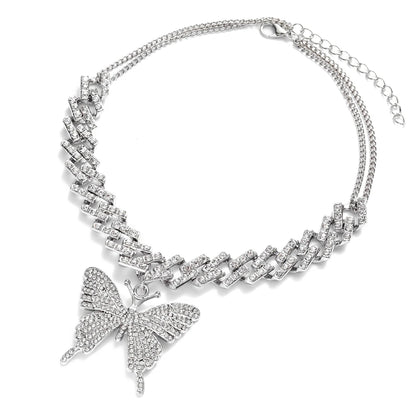 Big Butterfly Necklace for Women Cuban Link Chain Rhinestone Choker Statement Necklace Luxury Y2K Jewelry