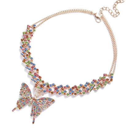 Big Butterfly Necklace for Women Cuban Link Chain Rhinestone Choker Statement Necklace Luxury Y2K Jewelry