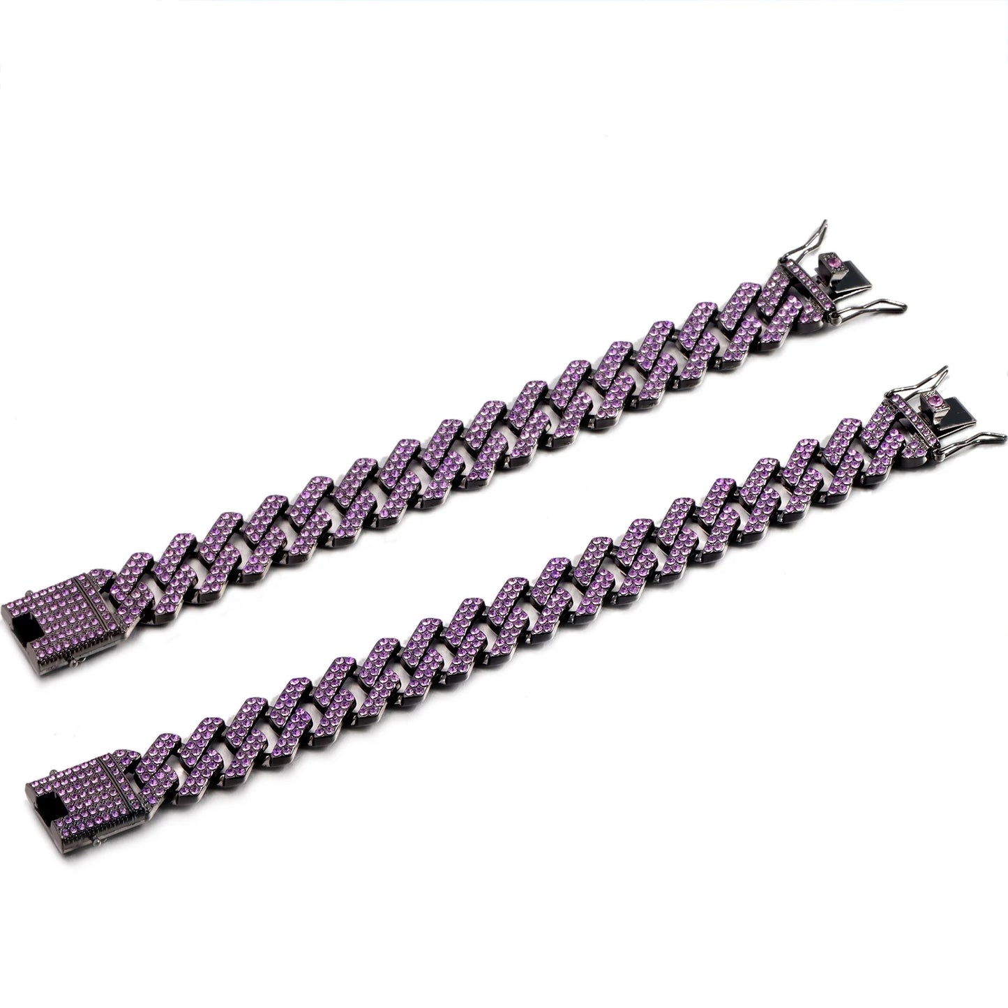 Iced Out 2 Row Rhinestones Cuban Chain Men'S Bracelet Purple 20MM Gun Black Chain Prong Cuban Bracelet Hiphop Jewelry for Gifts