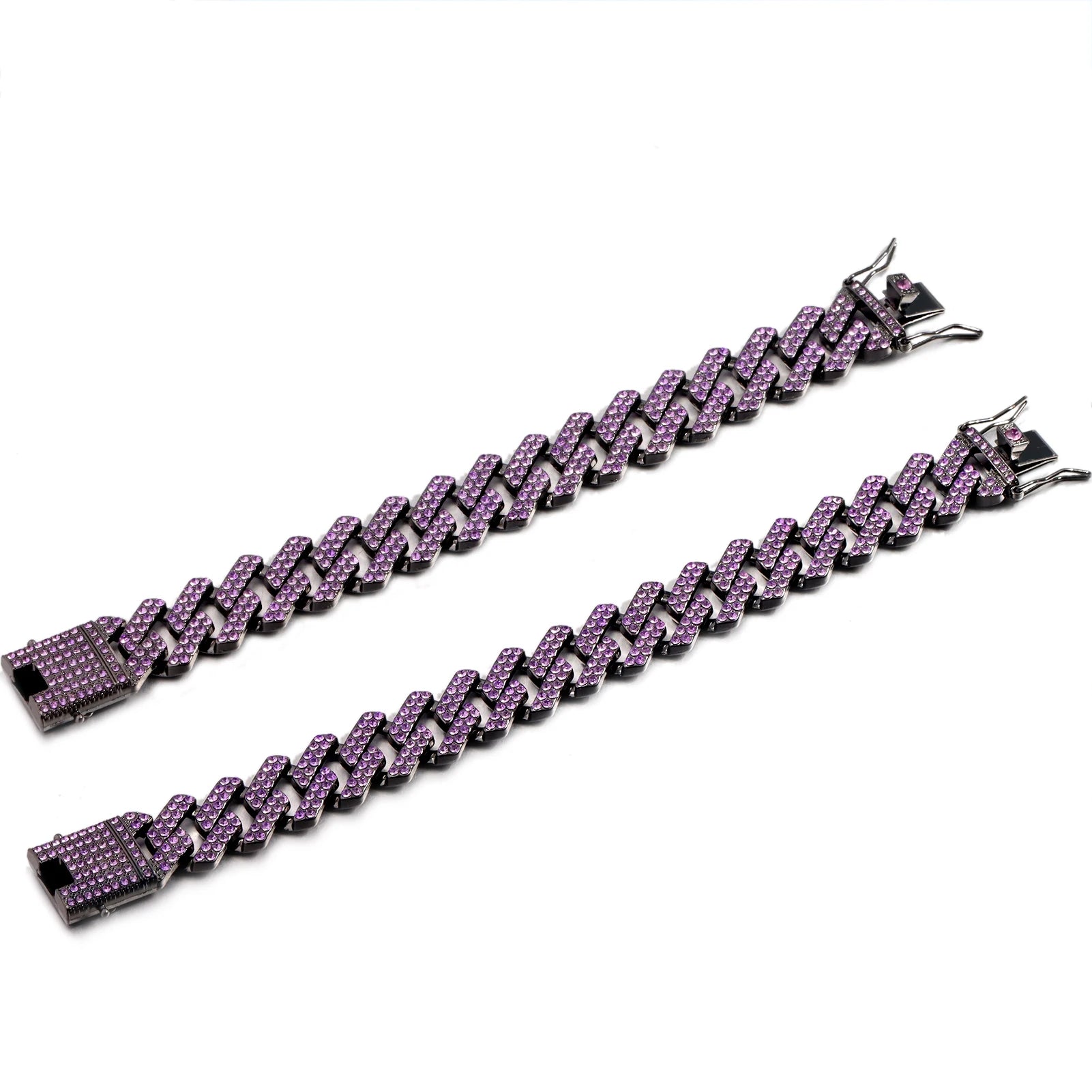 Iced Out 2 Row Rhinestones Cuban Chain Men'S Bracelet Purple 20MM Gun Black Chain Prong Cuban Bracelet Hiphop Jewelry for Gifts