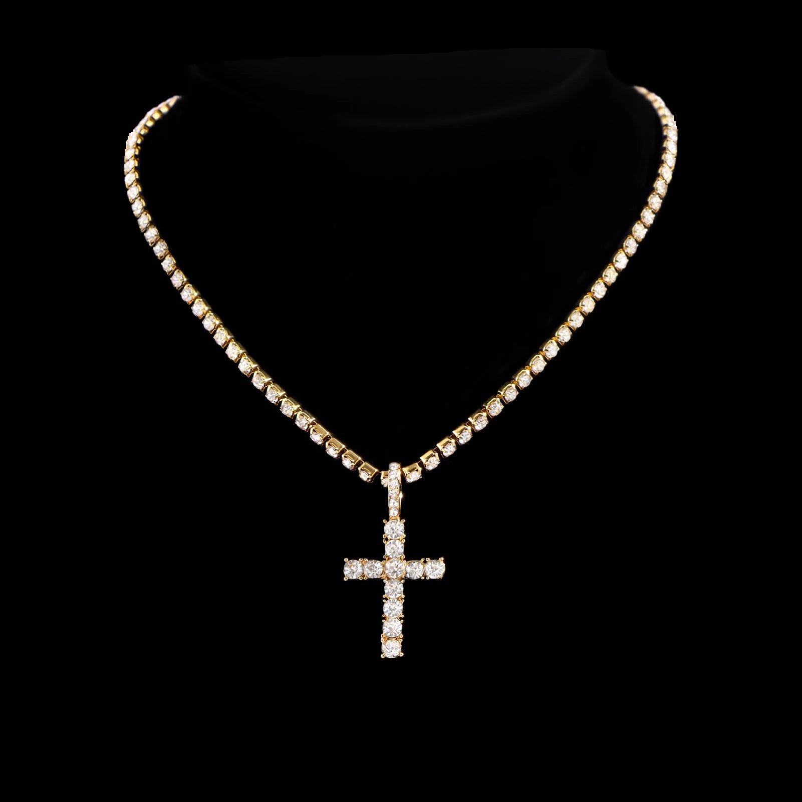 2Pcs Punk Crystal Cross Ankh Tennis Chain Iced Out Prong Cuban Link Chain Necklace for Men Women Rapper Necklaces Hiphop Jewelry