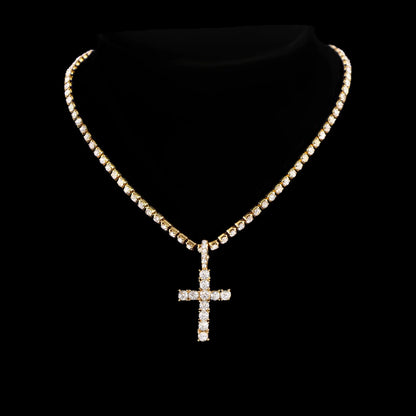 2Pcs Punk Crystal Cross Ankh Tennis Chain Iced Out Prong Cuban Link Chain Necklace for Men Women Rapper Necklaces Hiphop Jewelry