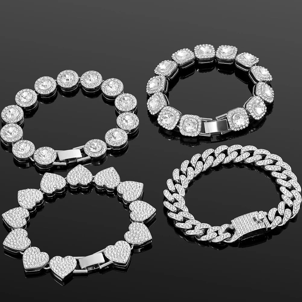 4Pcs Heart Geometry Cuban Link Bracelet for Women Girls Clustered Tennis Layered Hand Chain Set Jewelry Fashion Gift