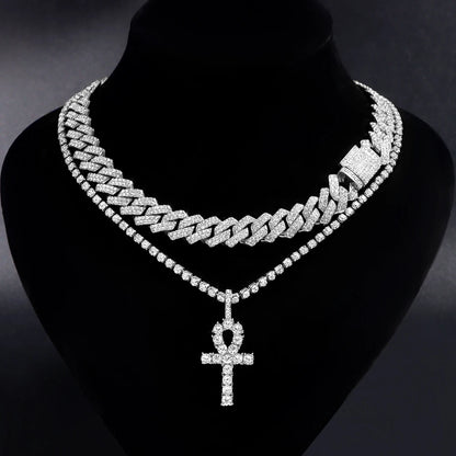 2Pcs Punk Crystal Cross Ankh Tennis Chain Iced Out Prong Cuban Link Chain Necklace for Men Women Rapper Necklaces Hiphop Jewelry