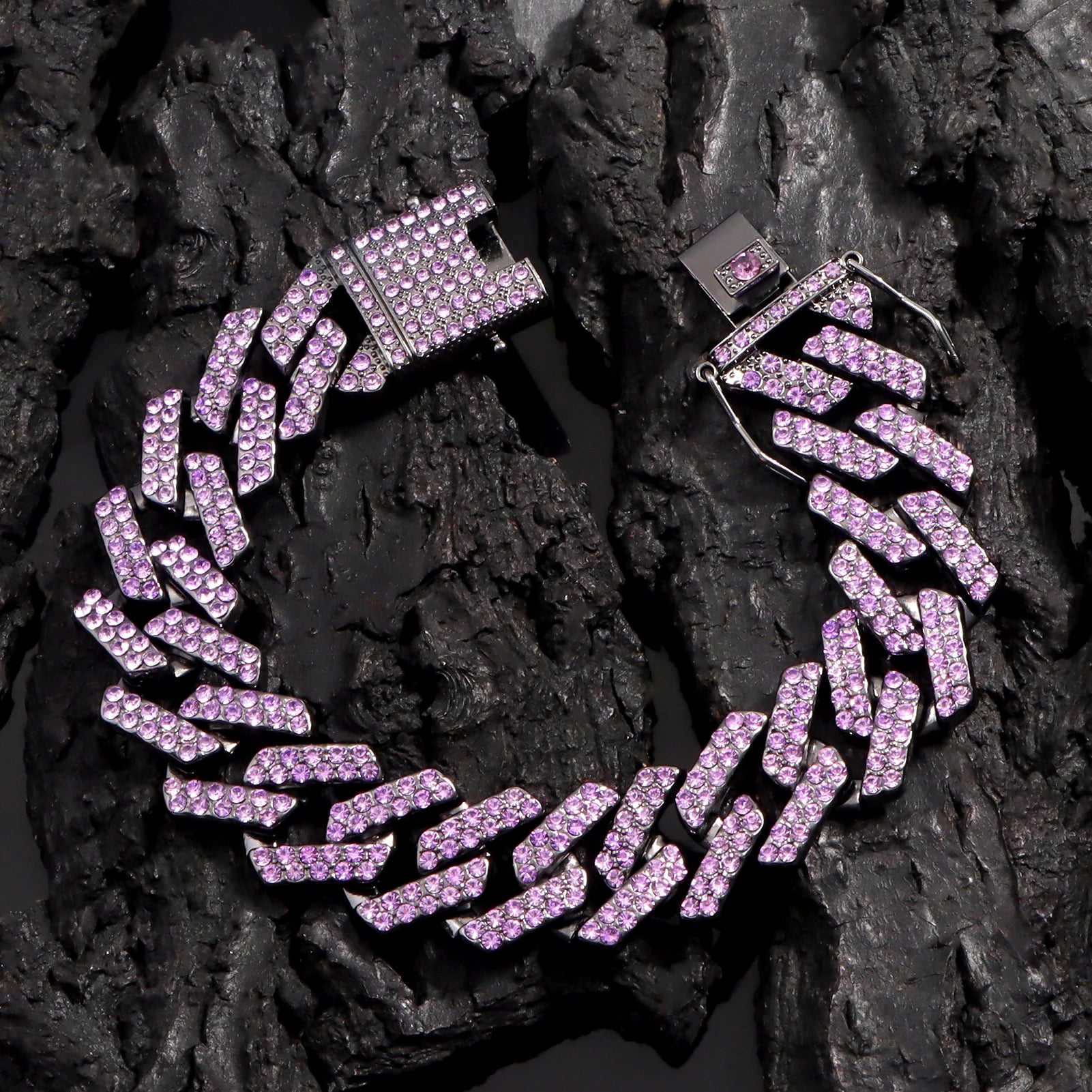 Iced Out 2 Row Rhinestones Cuban Chain Men'S Bracelet Purple 20MM Gun Black Chain Prong Cuban Bracelet Hiphop Jewelry for Gifts