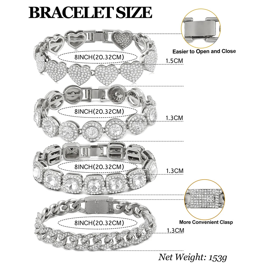 4Pcs Heart Geometry Cuban Link Bracelet for Women Girls Clustered Tennis Layered Hand Chain Set Jewelry Fashion Gift