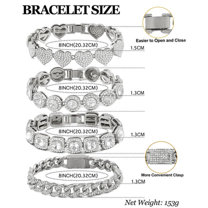 4Pcs Heart Geometry Cuban Link Bracelet for Women Girls Clustered Tennis Layered Hand Chain Set Jewelry Fashion Gift