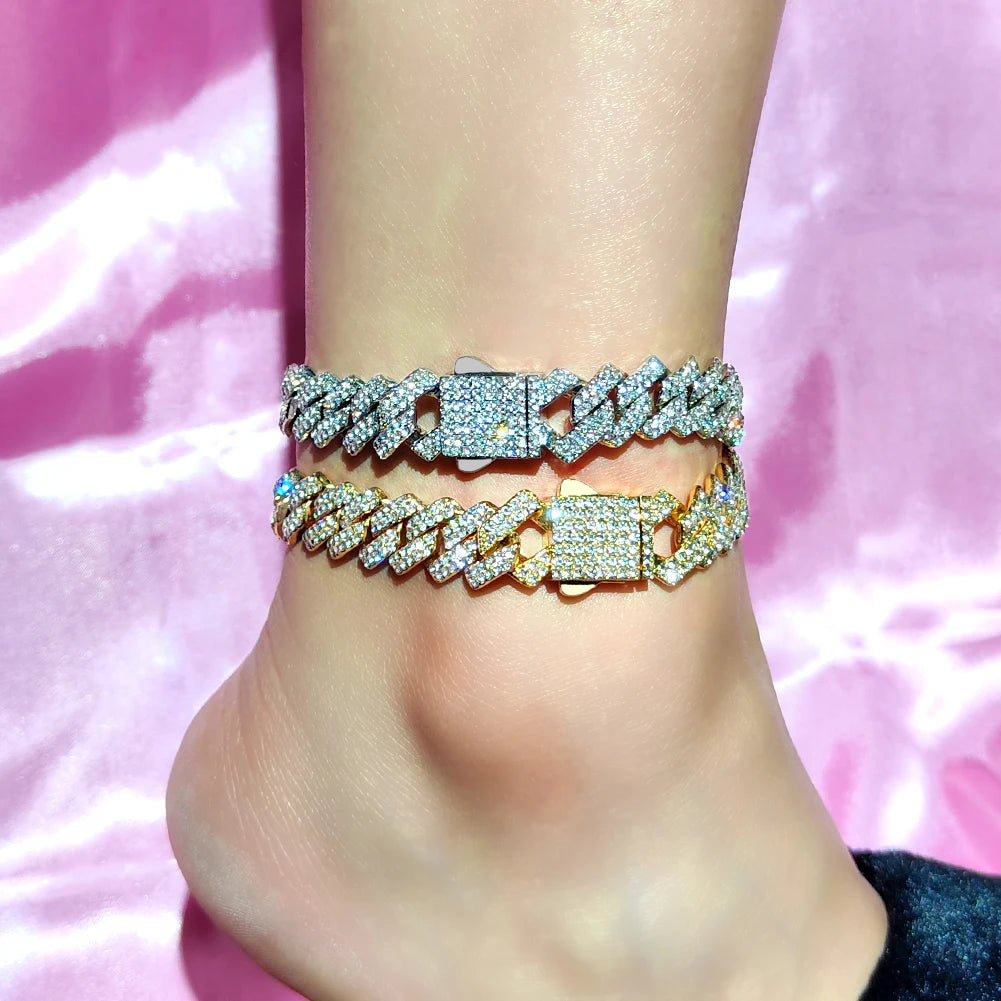 Summer 14MM Chunky Cuban Anklet for Women Gold-Plated Rhombus Cuban Link Chain Anklets Beach Sandals Jewelry New