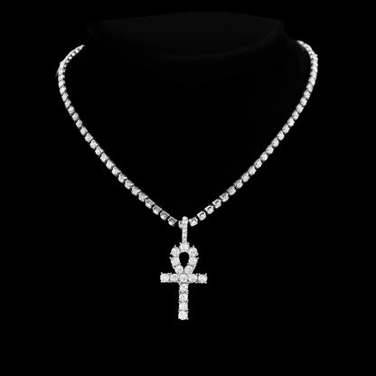 2Pcs Punk Crystal Cross Ankh Tennis Chain Iced Out Prong Cuban Link Chain Necklace for Men Women Rapper Necklaces Hiphop Jewelry