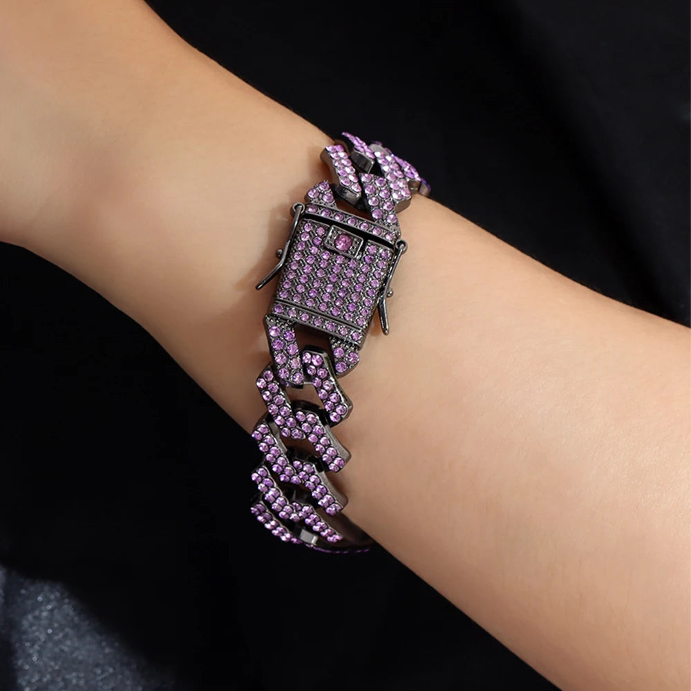 Iced Out 2 Row Rhinestones Cuban Chain Men'S Bracelet Purple 20MM Gun Black Chain Prong Cuban Bracelet Hiphop Jewelry for Gifts