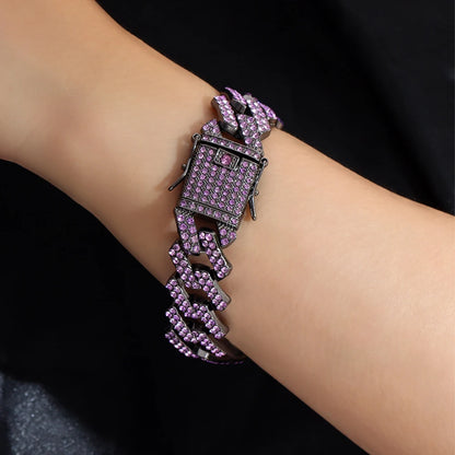 Iced Out 2 Row Rhinestones Cuban Chain Men'S Bracelet Purple 20MM Gun Black Chain Prong Cuban Bracelet Hiphop Jewelry for Gifts
