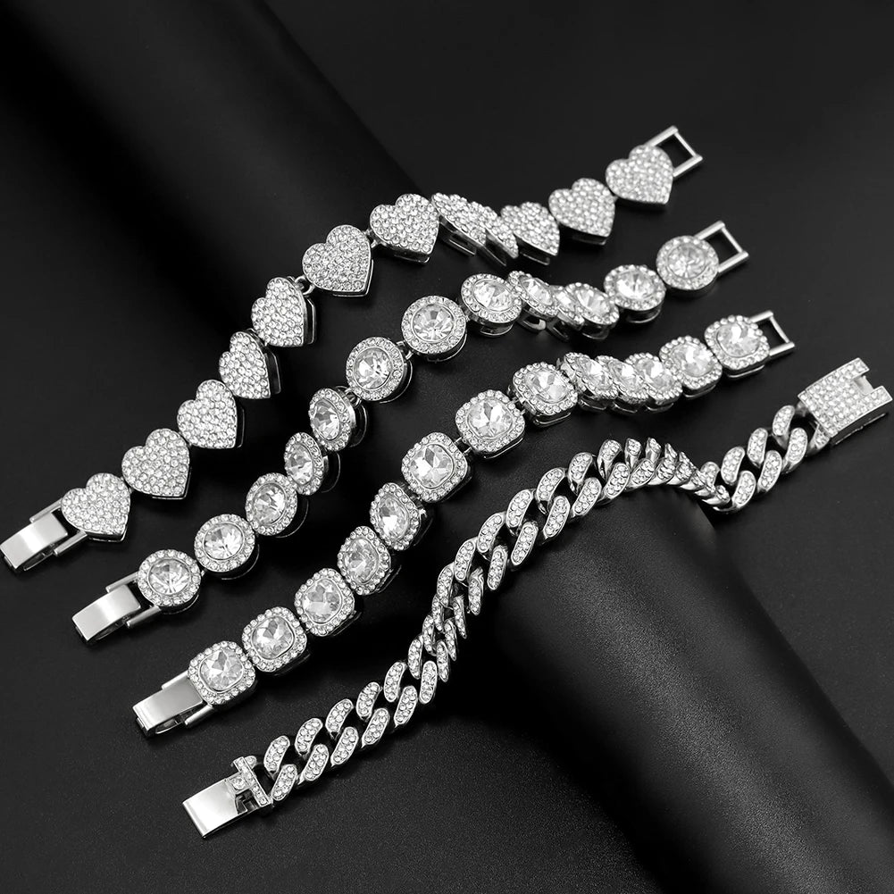 4Pcs Heart Geometry Cuban Link Bracelet for Women Girls Clustered Tennis Layered Hand Chain Set Jewelry Fashion Gift