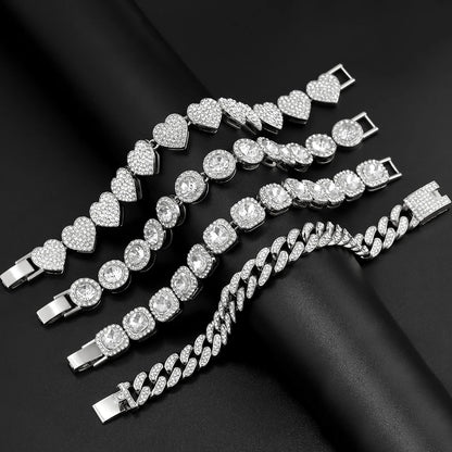 4Pcs Heart Geometry Cuban Link Bracelet for Women Girls Clustered Tennis Layered Hand Chain Set Jewelry Fashion Gift